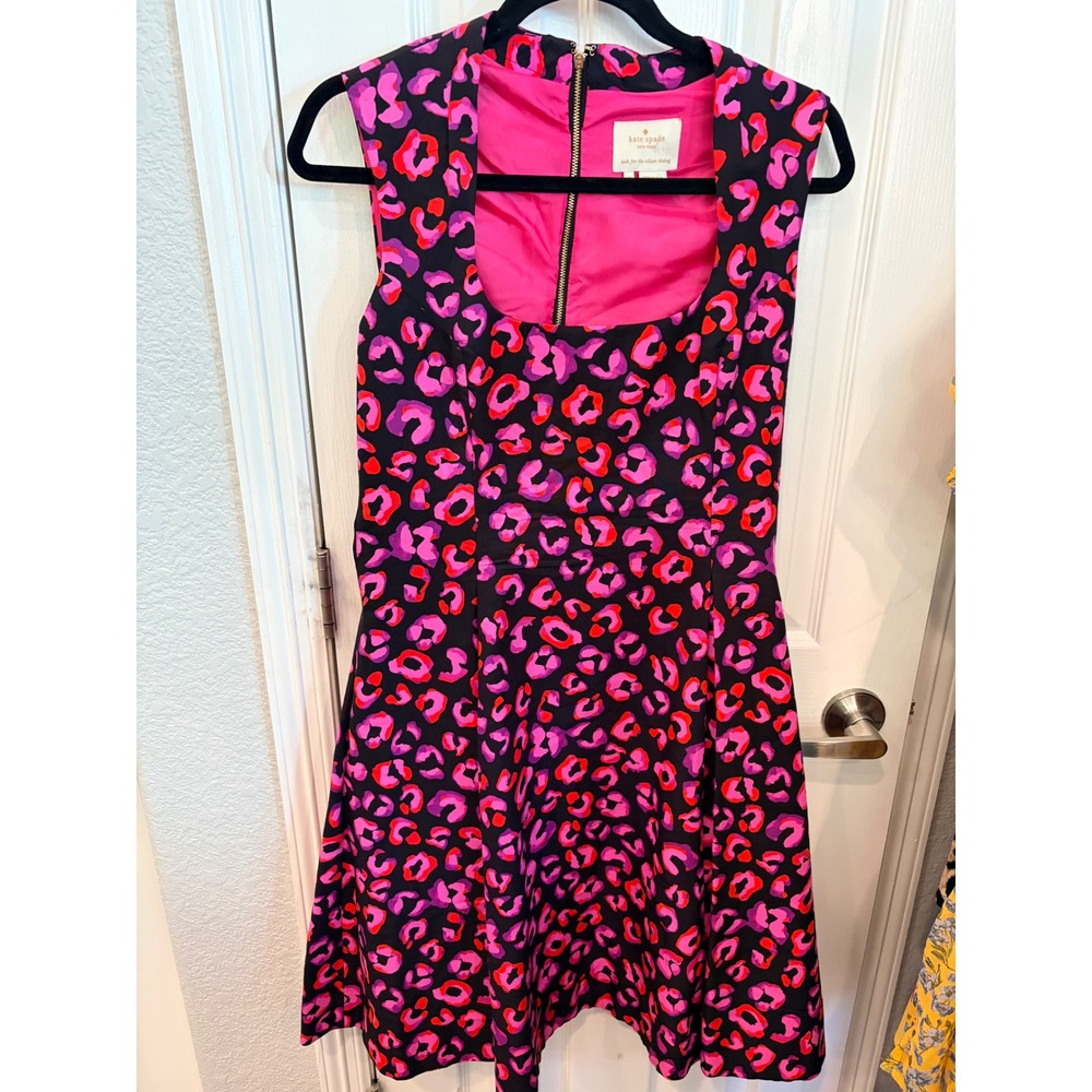 Kate Spade Dress Pink Purple Leopard Print Cotton Silk Fit Flare Cocktail 10